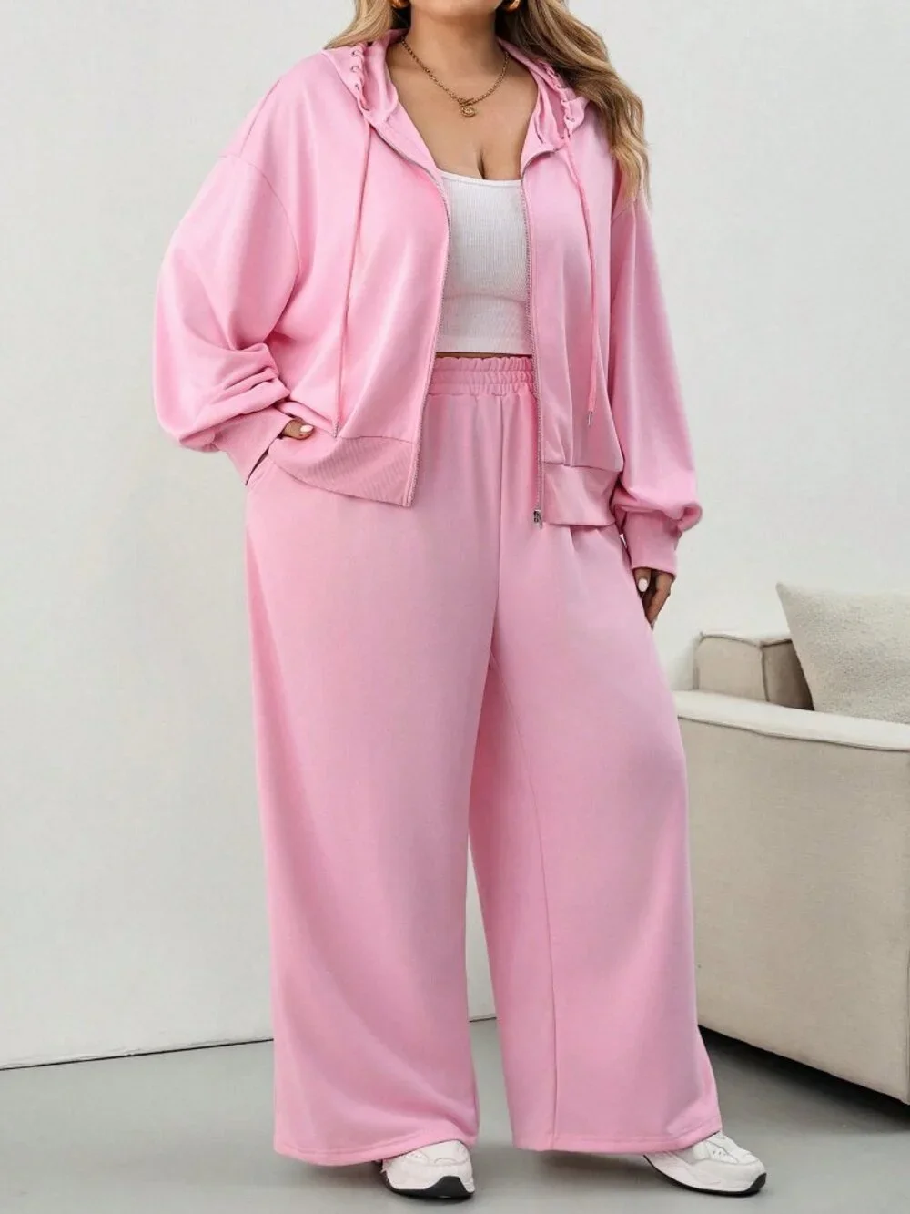 Pink Casual Women's Loose Hooded Zip-Up Drawstring Pocket Cropped Sweatpants Set